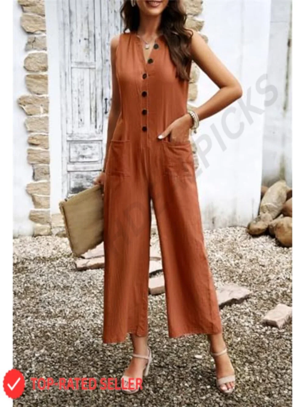 Womens Casual Dressy Jumpsuit Button Down Romper V Neck Sleeveless Wide Leg